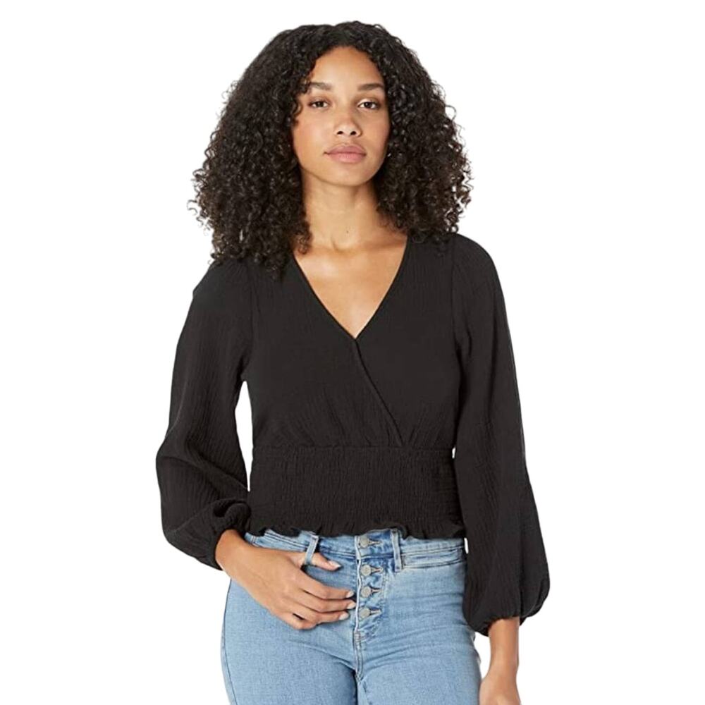 Madewell Black Cropped Long Sleeve Blouse Size XXS Balloon Sleeve Elastic Waist